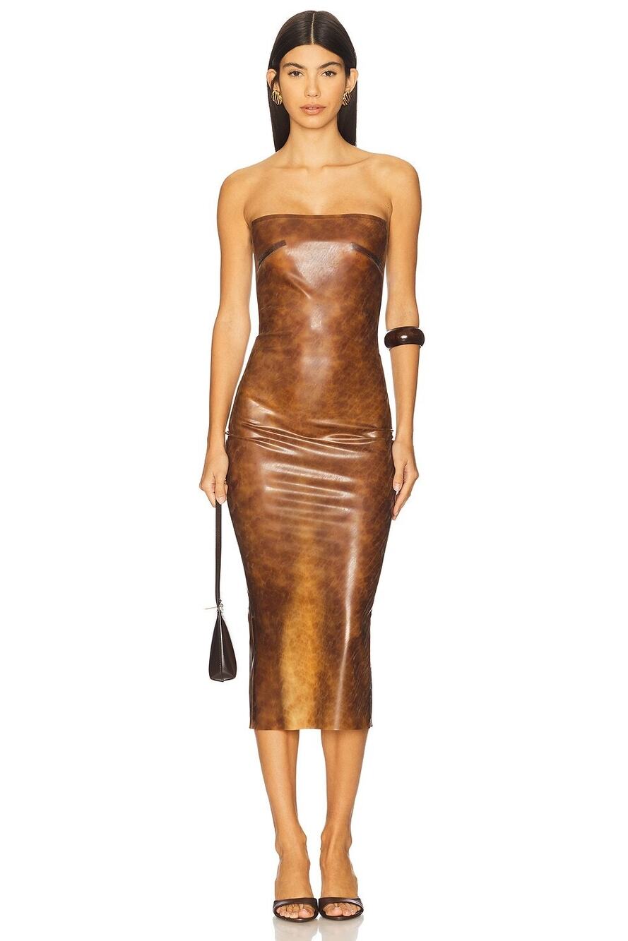 Miaou Lila Midi Dress Leopard Natural Latex Strapless Semi Sheer S NWT $495